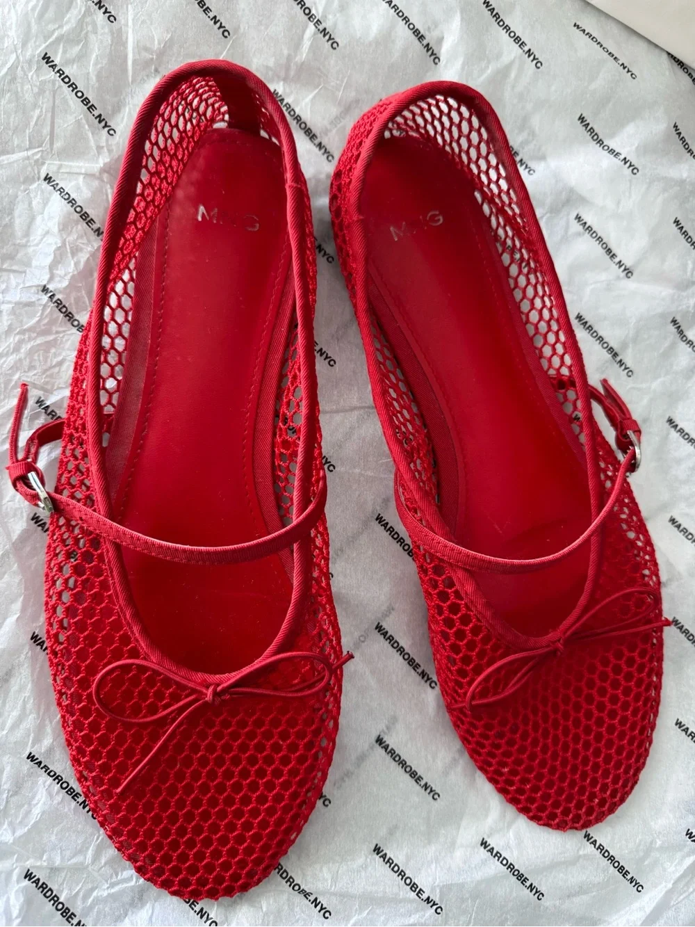 Mango Bright Red Mesh Mary Jane Ballerina Flats with Bow FINAL SALE